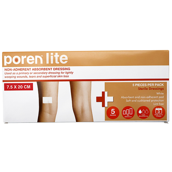 Poren-Lite Non-Adherent Absorbent Dressing 7.5 x 20cm Sterile 5/Box - White x170