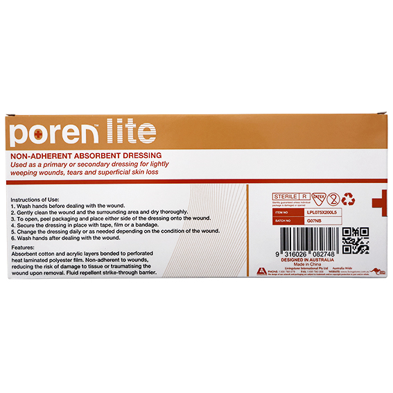 Poren-Lite Non-Adherent Absorbent Dressing 7.5 x 20cm Sterile 5/Box - White x170