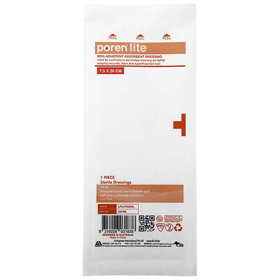 Poren-Lite Non-Adherent Absorbent Dressing 7.5 x 20cm Sterile 5/Box - White x170