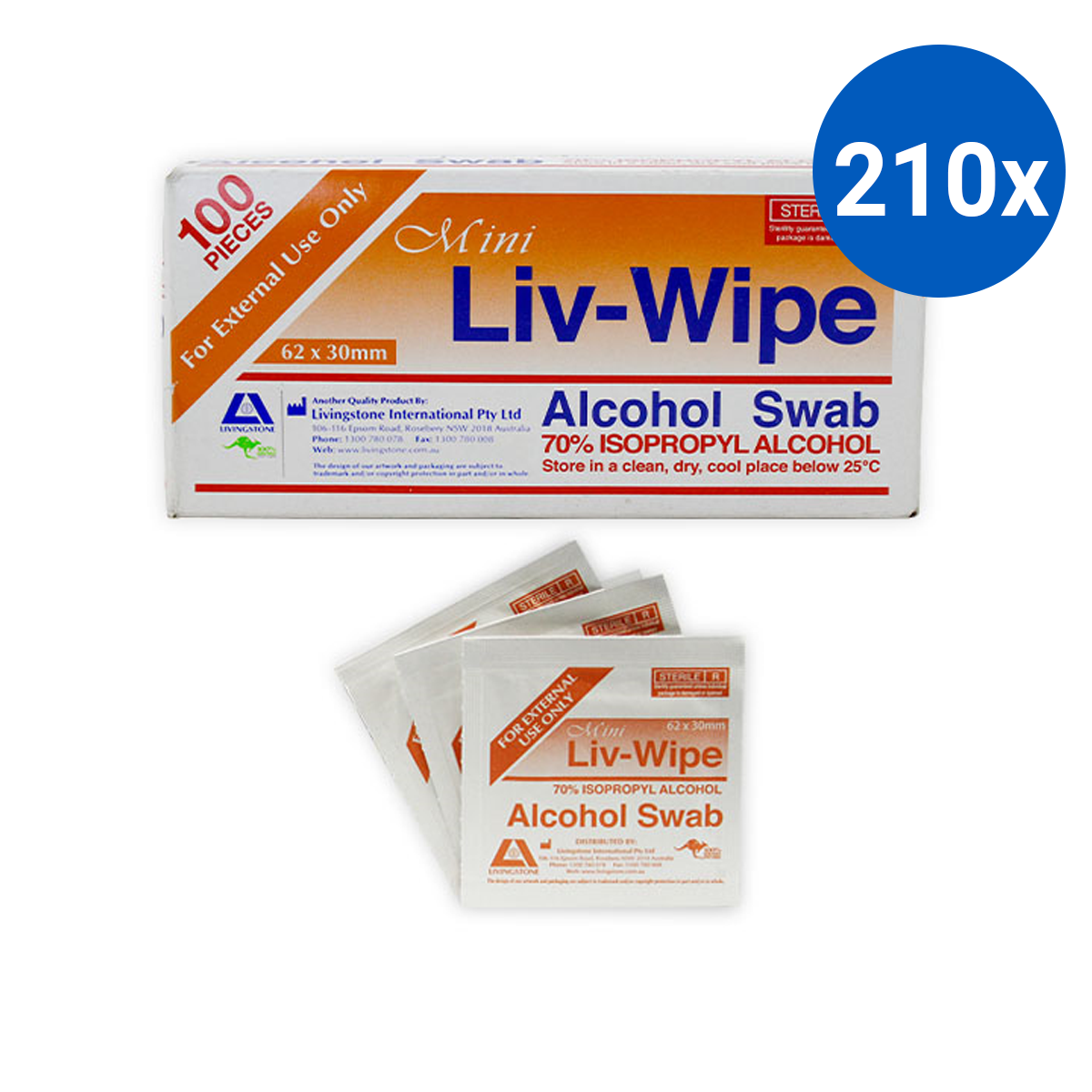 Liv-Wipe Mini Alcohol Swabs 70% Isopropyl Alcohol 62 x 30mm Gamma Sterilised 100/Box - White x210