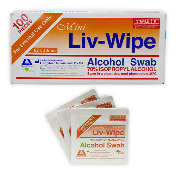 Liv-Wipe Mini Alcohol Swabs 70% Isopropyl Alcohol 62 x 30mm Gamma Sterilised 100/Box - White x210