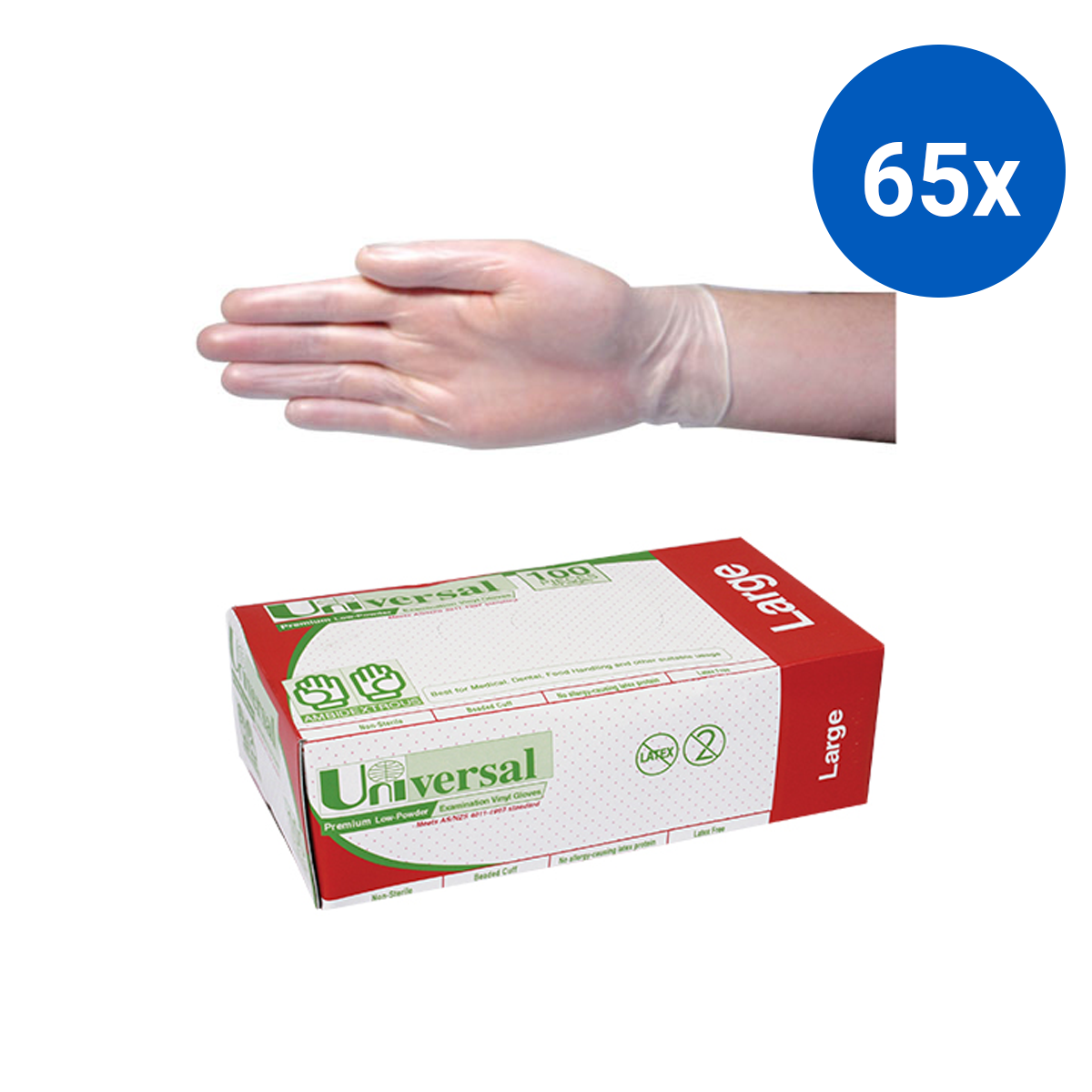 Universal Vinyl Examination Gloves Recyclable 6.5g Large 100/Box - Clear x65