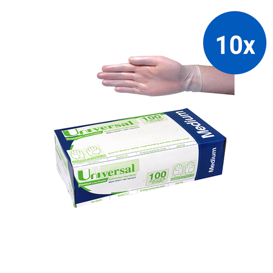 Universal Vinyl Examination Gloves Recyclable 6.0g TGA304989 ASTM Low Powder Medium 100/Box 1000/Carton - Clear x10