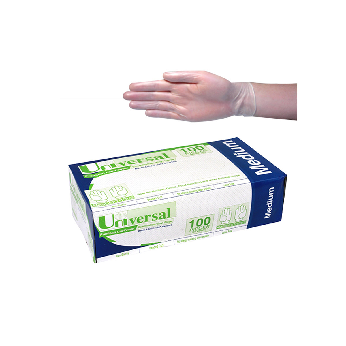 Universal Vinyl Examination Gloves Recyclable 6.0g TGA304989 ASTM Low Powder Medium 100/Box 1000/Carton - Clear x10