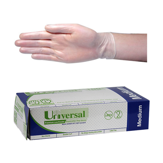 Universal Vinyl Examination Gloves Recyclable 6.0g TGA 304989 ASTM Standard Low Powder Medium 100/Box - Clear x65