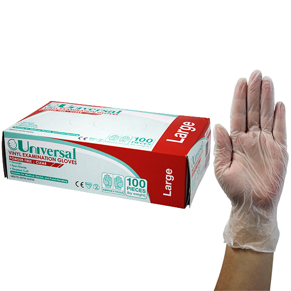 Universal Vinyl Examination Gloves Recyclable 6.5g TGA 304988 ASTM Powder Free Large 100/Box - Clear x65
