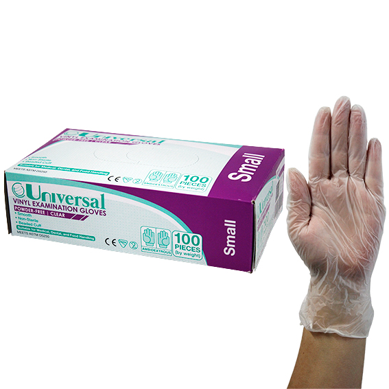 Universal Vinyl Examination Gloves Powder Free Small 100/Box - Clear x65