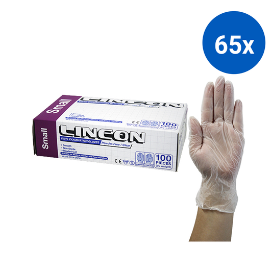 Lincon Vinyl Examination Gloves Recyclable 5.5g TGA 304988 ASTM Small 100/Box - Clear x65