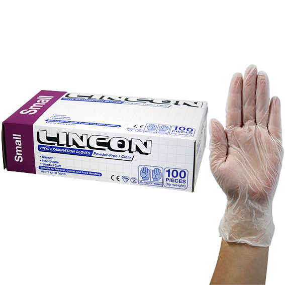 Lincon Vinyl Examination Gloves Recyclable 5.5g TGA 304988 ASTM Small 100/Box - Clear x65