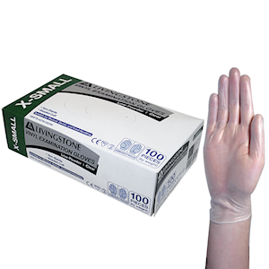 Livingstone Vinyl Exam Gloves 5.0g Extra Small Low Powder Recyclable Disposable Medical Use 100/Pack - Clear x60