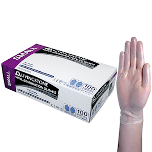 Livingstone Vinyl Examination Gloves Small 5.5g ASTM Standard Recyclable 100/Box - Clear x60