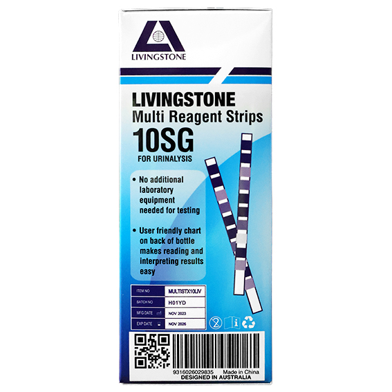Livingstone Urine Reagent Multi Test Strips for Urinalysis 10 Parameters plus SG 100 Tests/Vial - Green x10