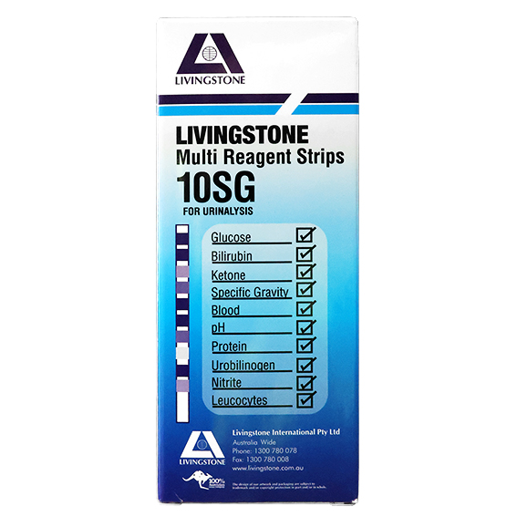 Livingstone Urine Reagent Multi Test Strips for Urinalysis 10 Parameters plus SG 100 Tests/Vial - Green x10
