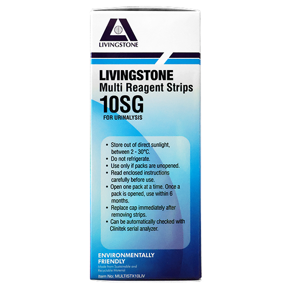 Livingstone Urine Reagent Multi Test Strips for Urinalysis 10 Parameters plus SG 100 Tests/Vial - Green x10