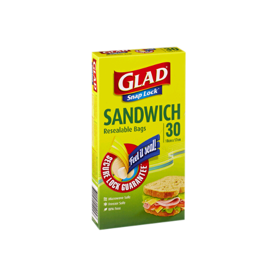 Glad Snap Lock Sandwich Bag 18 x 17cm Resealable 30/Pack - Clear x75
