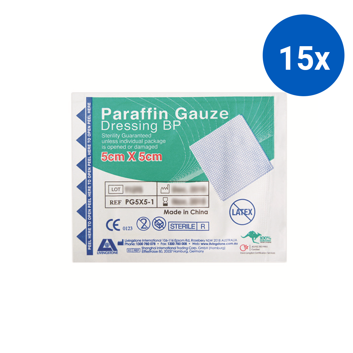 Livingstone Paraffin Gauze Swab Dressings 5 x 5cm Sterile Single Pack 50/Box - White x15