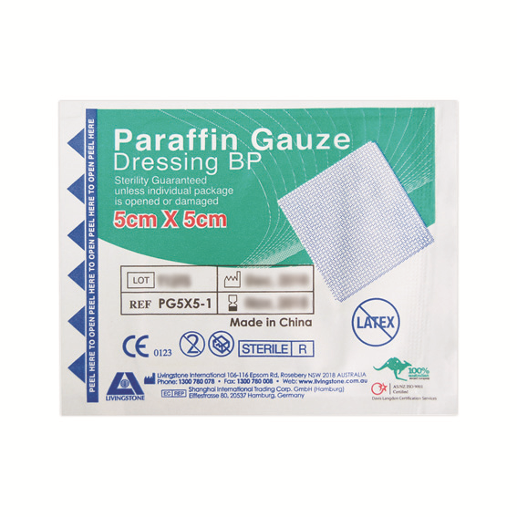 Livingstone Paraffin Gauze Swab Dressings 5 x 5cm Sterile Single Pack 50/Box - White x15