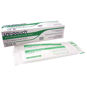 Uni-Pouch Sterilisation Pouch with Colour Change Indicator 90 x 230mm 200/Box - White x35