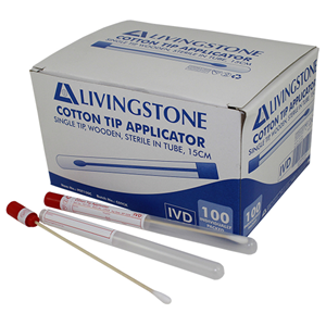 Livingstone Cotton Tip Applicator Transport Swab 15cm Biodegradable Wooden Stem 100/Box - White x15