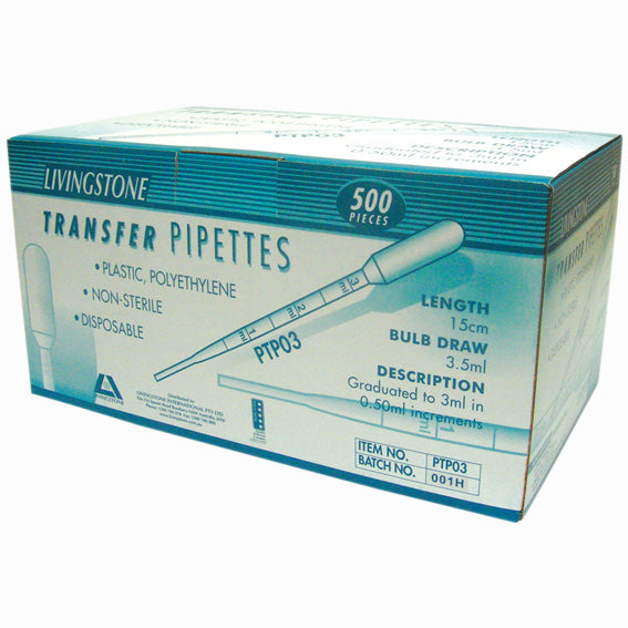 Livingstone Recyclable Plastic Transfer Pipette Graduated 3ml 500/Box - Clear x20