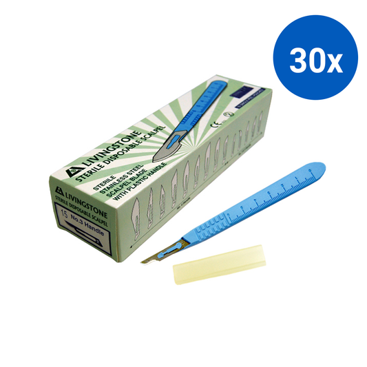 Livingstone Disposable Scalpel SS Blade Size 15 Attached to Handle Sterile 10 Pcs/Box - Blue x30
