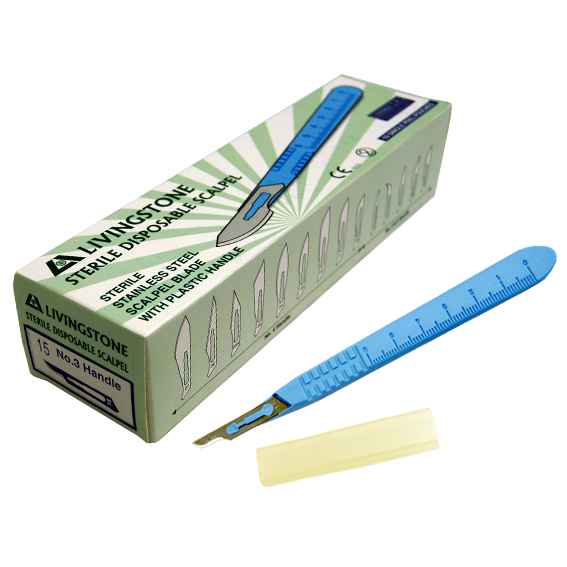 Livingstone Disposable Scalpel SS Blade Size 15 Attached to Handle Sterile 10 Pcs/Box - Blue x30