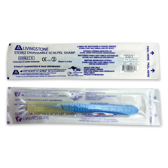 Livingstone Disposable Scalpel SS Blade Size 15 Attached to Handle Sterile 10 Pcs/Box - Blue x30