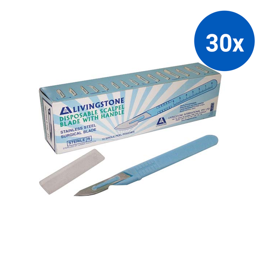 Livingstone Disposable Scalpel Stainless Steel Blade Size 22 Attached to Handle Sterile 10 Pcs/Box - Blue x30