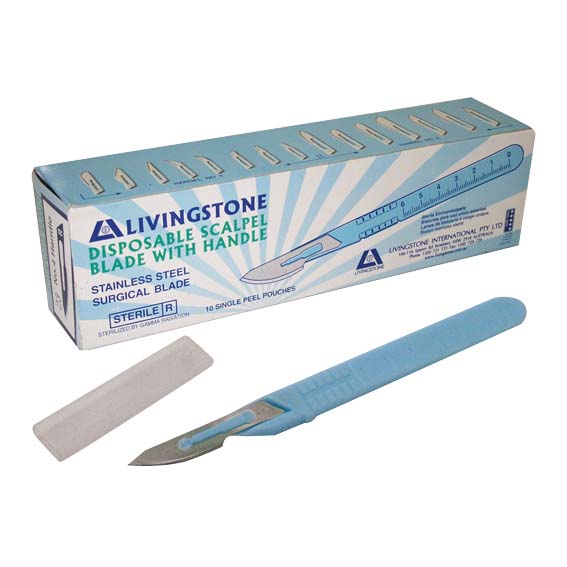 Livingstone Disposable Scalpel Stainless Steel Blade Size 22 Attached to Handle Sterile 10 Pcs/Box - Blue x30