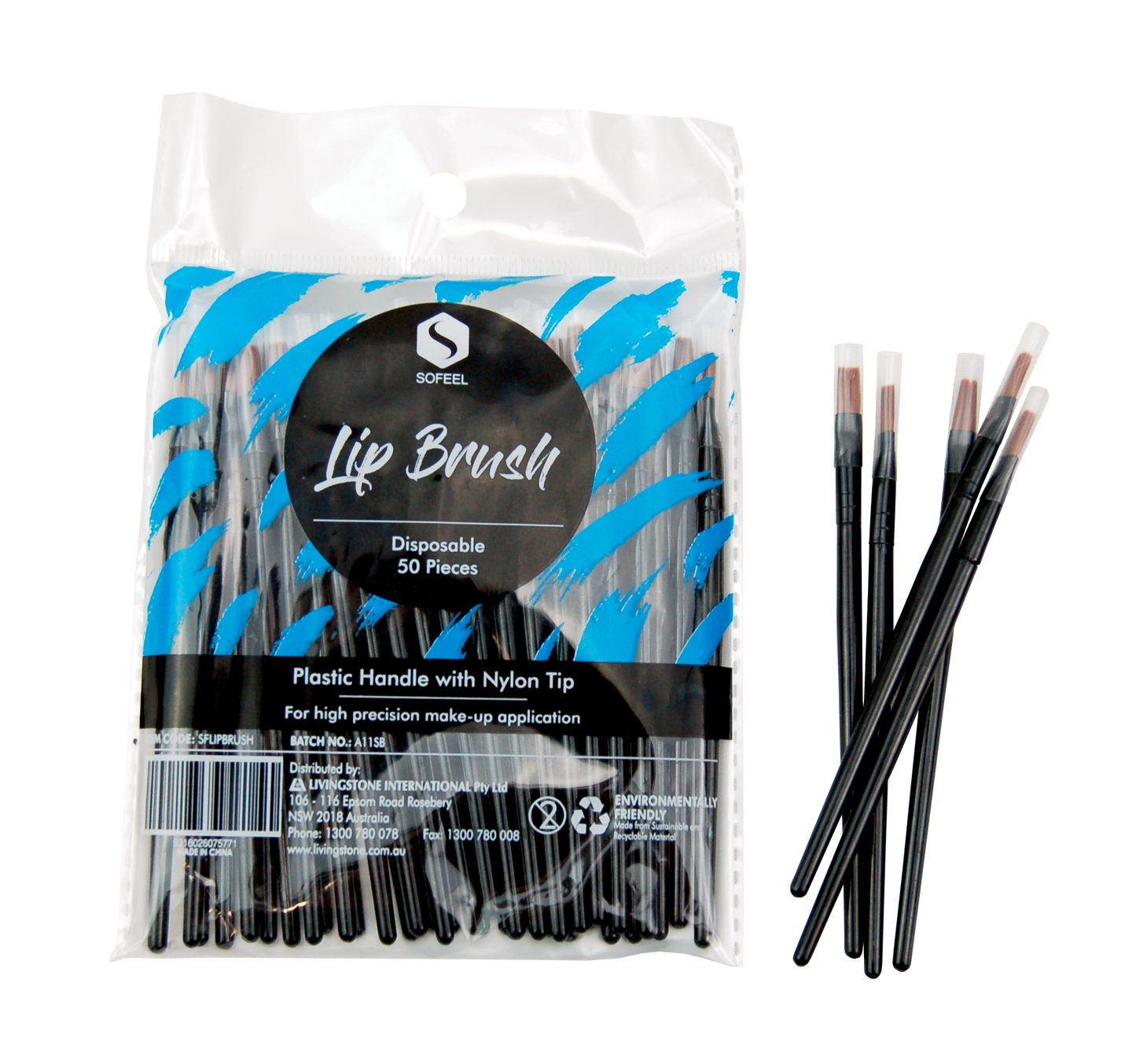 Sofeel Lip Brush 10cm Disposable 50/Pack - Brown Bristle/Black Handle x35
