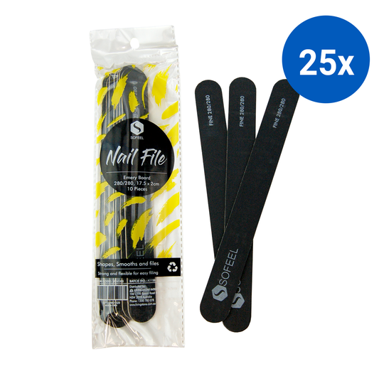Sofeel Nail File Emery Board Grit: 280/280 1.9 x 17.8cm 10 Pcs/Pack - Black x25