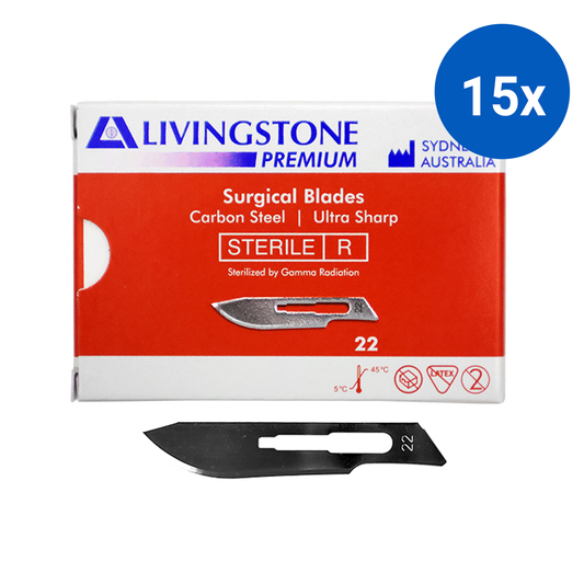 Livingstone Premium Surgical Scalpel Blade Carbon Steel Size 22 Sterile 100/Box - Silver x15