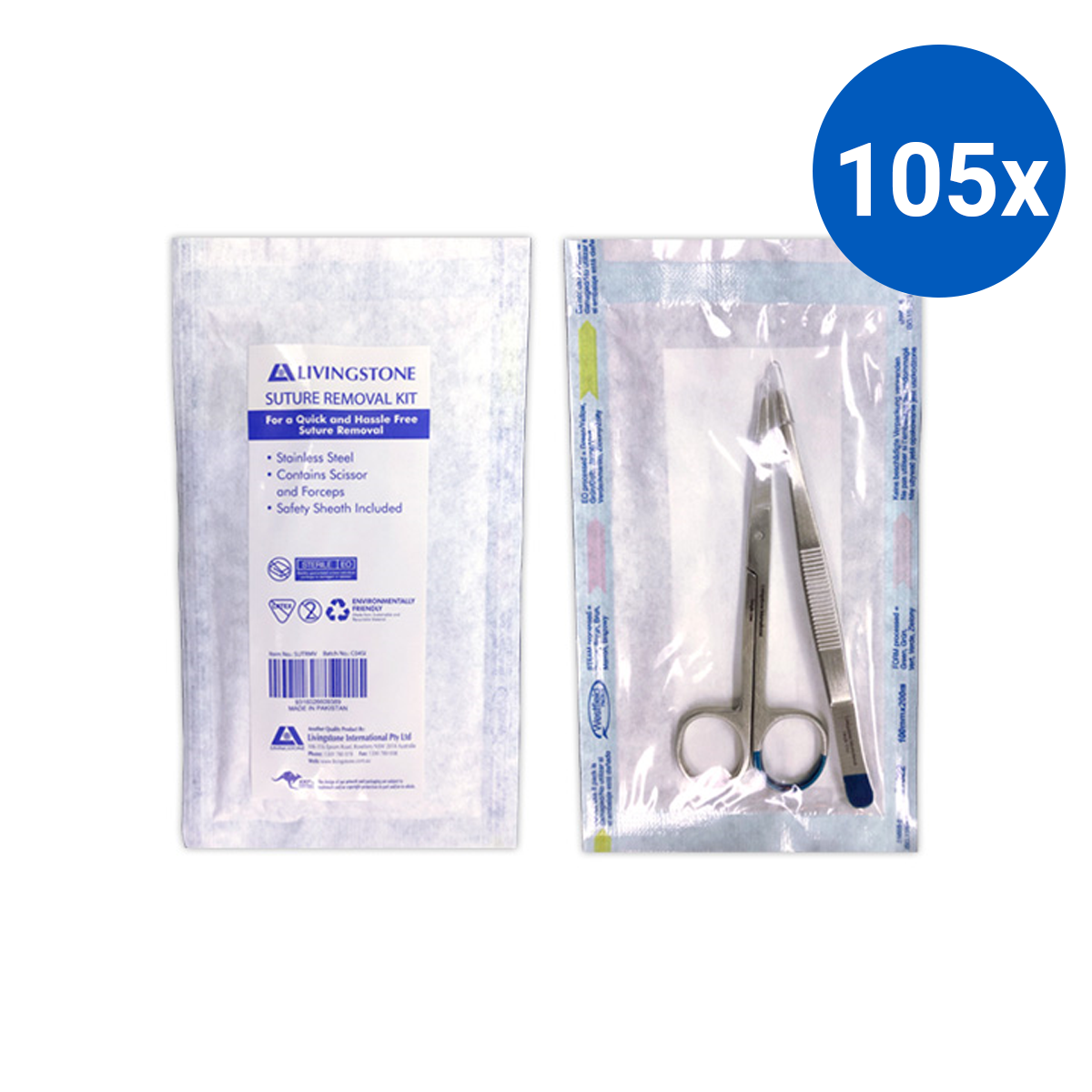 Livingstone Dressing Scissors and Tweezer Forceps Sterile Stainless Steel Pouch - Silver x105