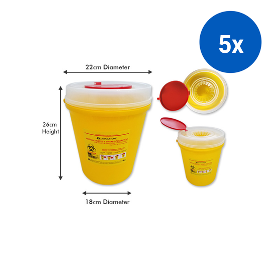 Livingstone Needles Sharps Waste Collector 8L Snap on Lid with Finger Guard Clear View Top Round Plastic 24/carton - Yellow x5