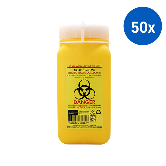 Liv Needles Sharps Waste Collector 1.4L 9.5 x 9.5 x 20 H cm with Screw Lid - Yellow x50