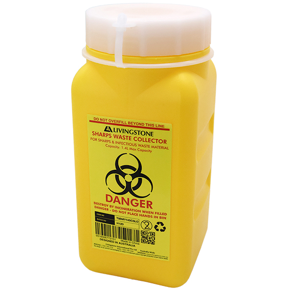 Liv Needles Sharps Waste Collector 1.4L 9.5 x 9.5 x 20 H cm with Screw Lid - Yellow x50