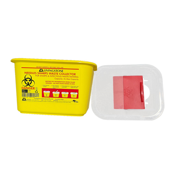 Livingstone Needles Sharps Waste Collector 2L Sliding Safety Lid & Needle Slots Clear View Top 10/Ctn - Yellow x10
