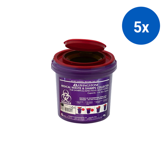 Liv Needles Sharps Waste Collector 1.4L with Clip Lid & Finger Guard Round Recyclable Plastic Fit Bracket DSSBTW2 20/CTN - Purple x5