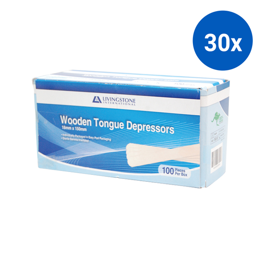Livingstone Wooden Tongue Depressor 150x17x1.6mm Sterile Individual Pack 100/Box - Brown x30