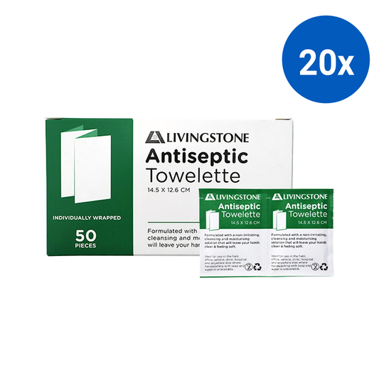 Livingstone Antiseptic Antibacterial Antimicrobial Towelette Wipe 14.5 x 12.6cm Single Pack 50/Box - White x20