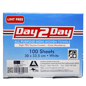 Day 2 Day All Purpose Towel Lint Free Small 30 x 34cm 70pct Viscose 100/Box - White x30