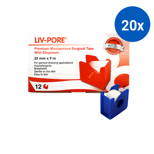 Liv-Pore Premium Microporous Surgical Paper Tape 25mm x 9m 12 Dispensers/Box - White x20