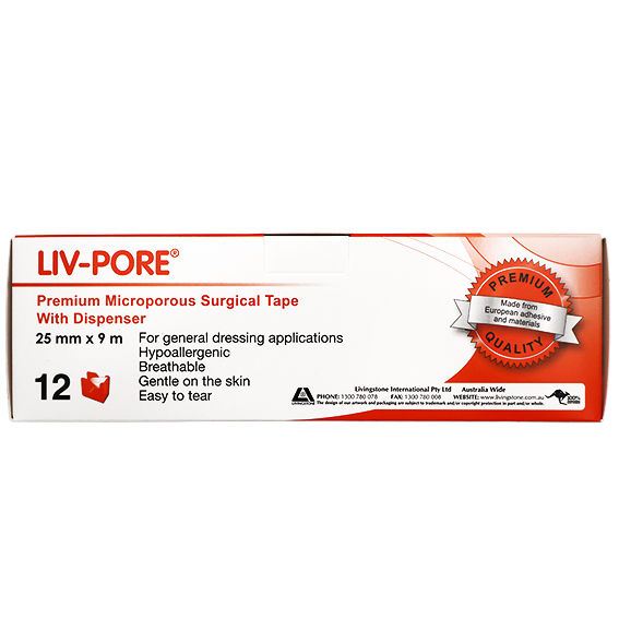 Liv-Pore Premium Microporous Surgical Paper Tape 25mm x 9m 12 Dispensers/Box - White x20