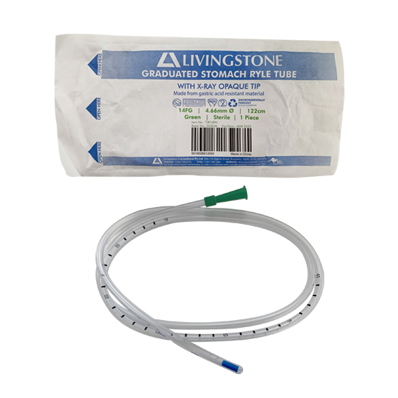 Livingstone Graduated Stomach Duodenal Ryles Tube with X-Ray Opaque Tip 14FG 4.66mm 122cm Sterile - Green x95