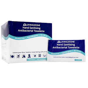 Livingstone Hand Sanitising Alcohol Free Antibacterial Towelette Wipe 16 x 20cm 100 Single Sachets/Box 800/Carton - WHite x5
