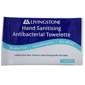 Livingstone Hand Sanitising Alcohol Free Antibacterial Towelette Wipe 16 x 20cm 100 Single Sachets/Box 800/Carton - WHite x5