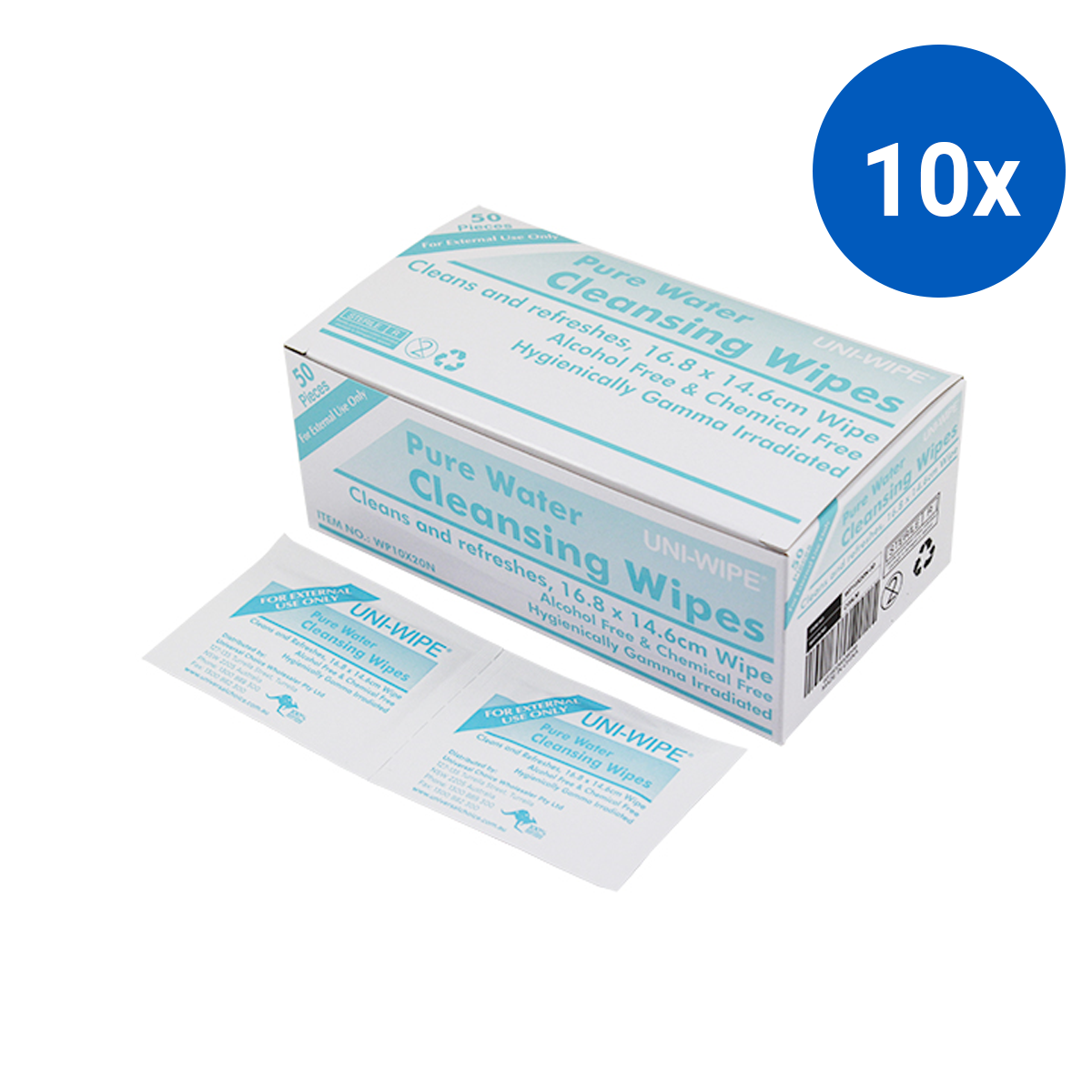 Uni-Wipe Pure Water Cleansing Towelette Wipe 17 x 15cm 50 Scs/Box 1000/Carton - White x10