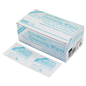 Uni-Wipe Pure Water Alcohol Free Cleansing Towelette Wipe 17 x 15cm Hygienically Sterilized 50 Sachets/Box - White x120