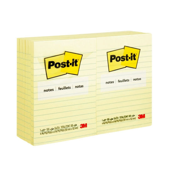Post‑It Lined Notes Canary Yellow 101 x 152mm 12‑Pack
