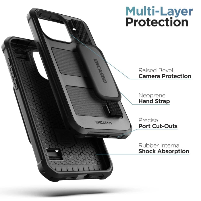 Encased Falcon Case iPhone 15 Pro Max with Hand Strap and Belt Clip Holster - Black
